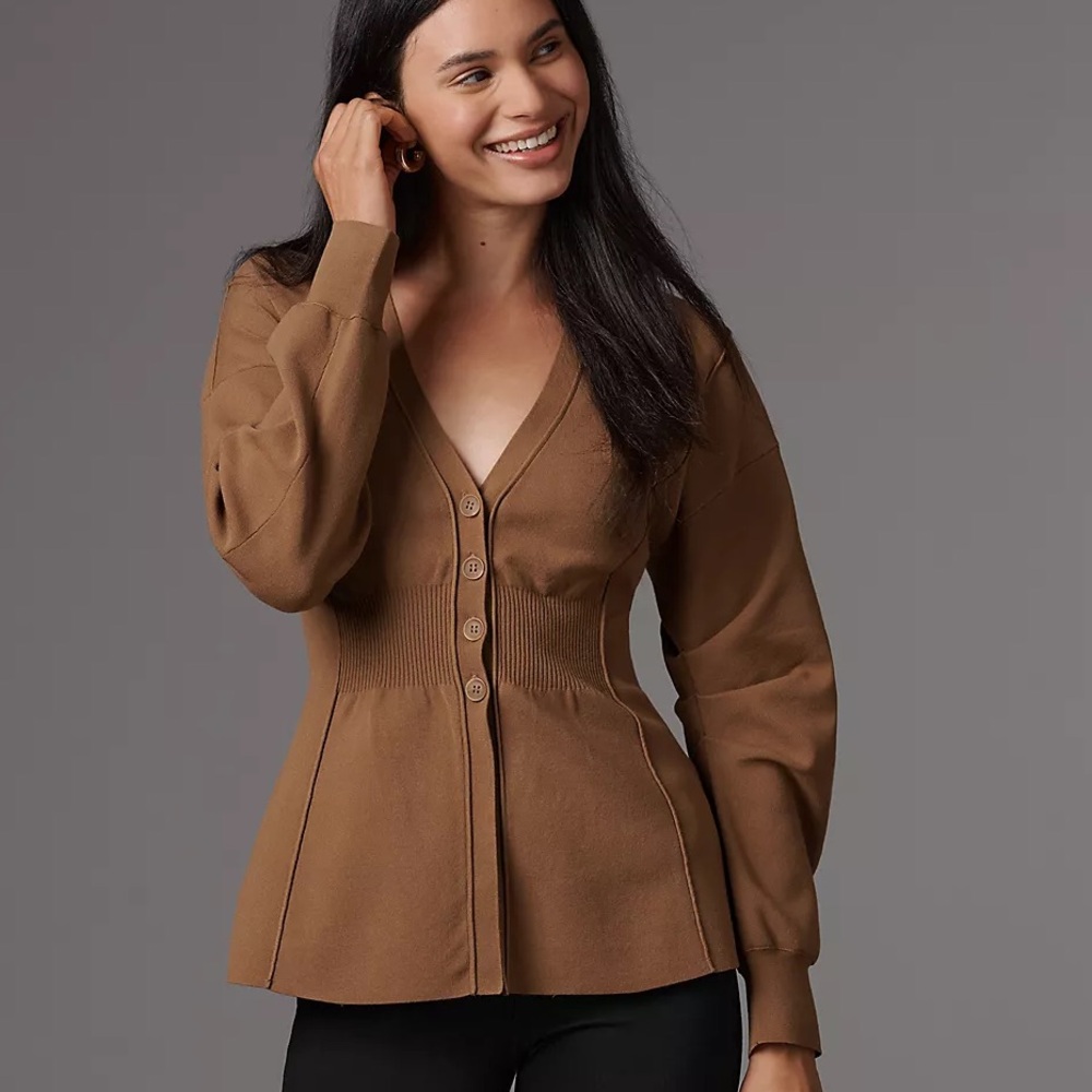 Anthropologie Maeve Puff-Sleeve Waisted Cardigan Small New Toasted Almond